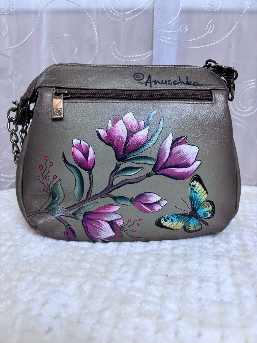 Anuschka Olive Leather Crossbody with Hand-Painted Butterflies & Florals - Picture 8 of 16